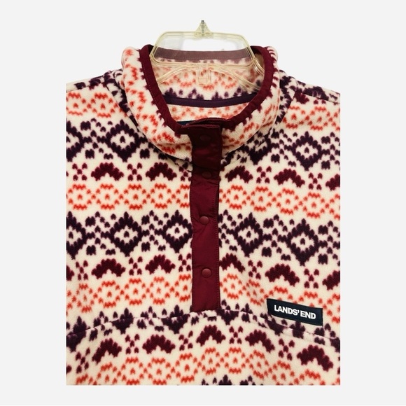 Lands End Heritage Quarter Snap Fleece Pullover Large Burgundy Orange Fair Isle - Picture 3 of 14